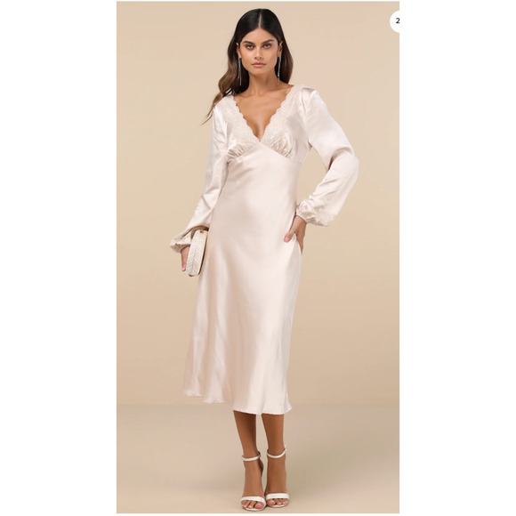 Lulus Women Illustrious Elegance Champagne Satin Long Sleeve Midi Dress Size: L - Picture 8 of 10